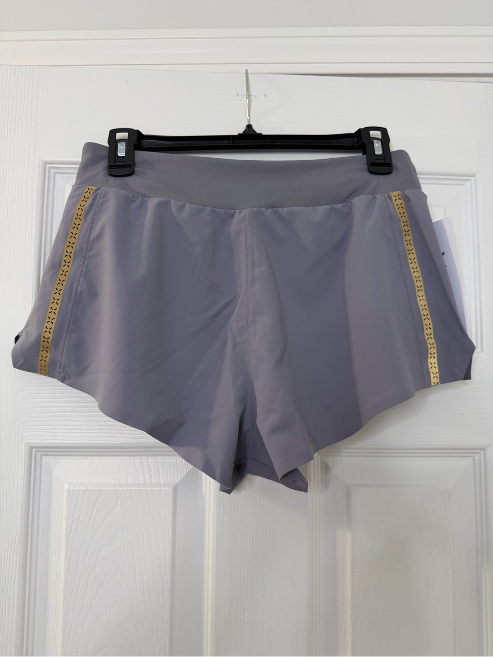 RHONE Women's Light Gray Athletic Shorts with Gold Side Trim